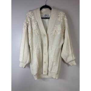 Vintage Career Franklin Women's Cream Mohair‎ Wool Embroidered Cardigan Size L